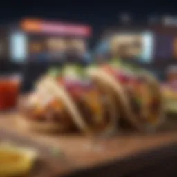 A neon-lit food truck offering gourmet tacos