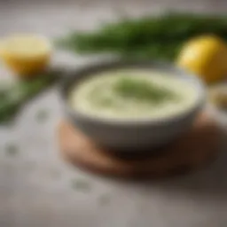 A vibrant bowl of lemon dill aioli garnished with fresh dill and lemon zest.