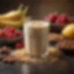 A close-up of a glass filled with liquid whey protein surrounded by fresh fruits and nuts