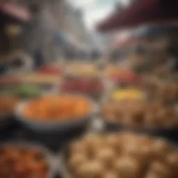A vibrant street market showcasing diverse culinary delights
