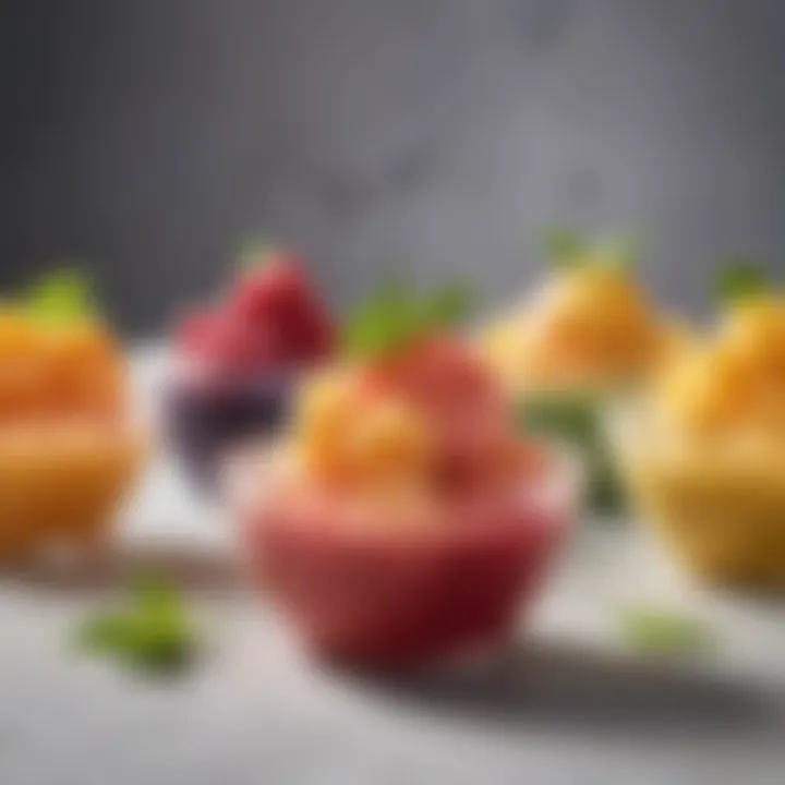 A colorful assortment of fruit sorbets served in stylish bowls.