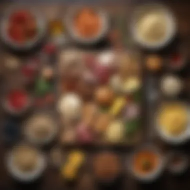 Unique Low-Carb Ingredients An artistic arrangement of unique low-carb ingredients on a rustic wooden table
