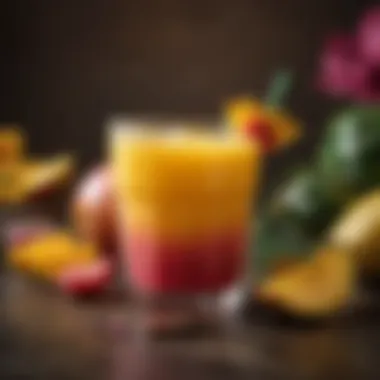 Refreshing mango beverage adorned with tropical elements