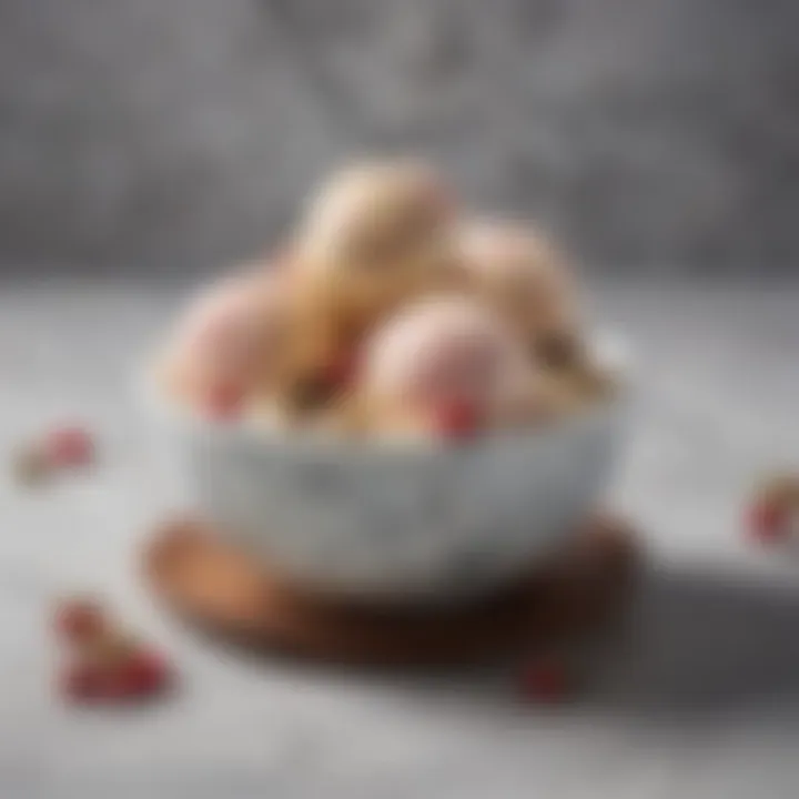 Presentation of marble ice cream in an elegant bowl with garnishments