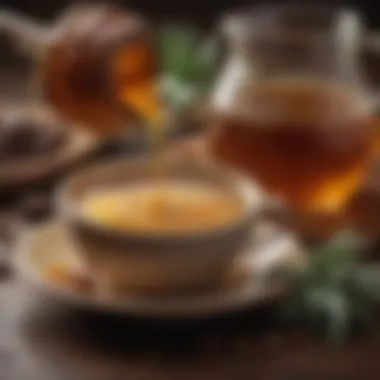 A spoonful of honey and agave syrup next to a steaming mug of coffee