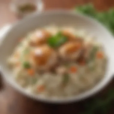 An inviting bowl of chicken and rice garnished with fresh herbs