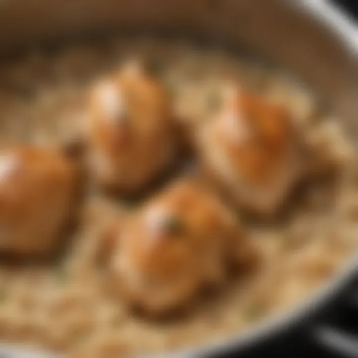 A close-up view of a bubbling pot of chicken and rice simmering on the stove