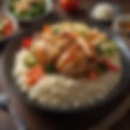 A beautifully plated dish of chicken and rice with vibrant vegetables