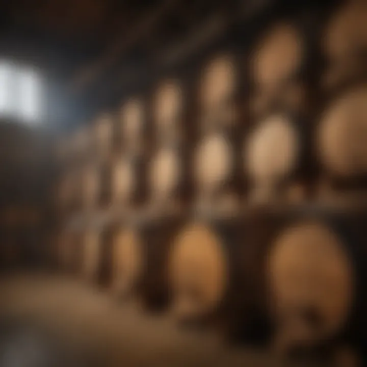 An array of bourbon barrels aging in a traditional warehouse.