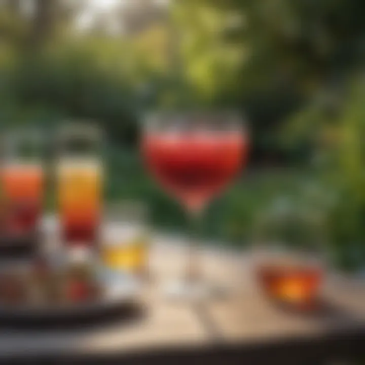 A collection of colorful outdoor glassware in a vibrant garden