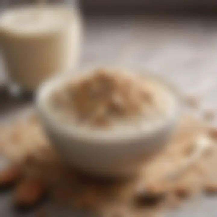 A close-up of oats soaking in almond milk with chia seeds