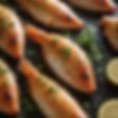 Golden-brown panfish fillets garnished with fresh herbs