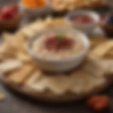 Gourmet Dips and Crackers Elegant arrangement of gourmet dips and crackers on a stylish board