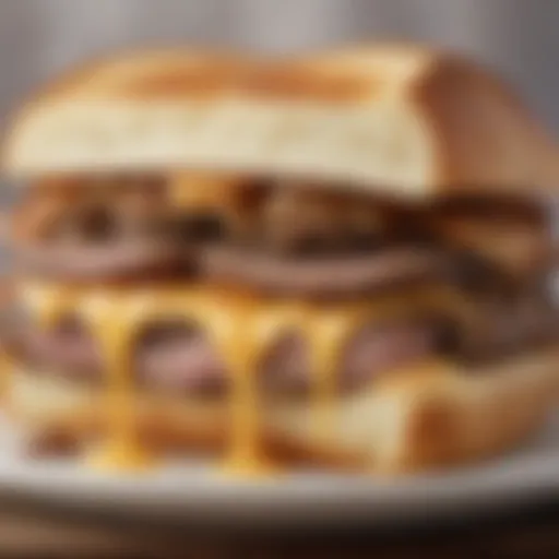 A close-up view of a delicious patty melt on sourdough showcasing melted cheese and juicy beef.