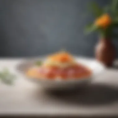 Elegant Dish Garnished with Pickled Sweet Ginger An elegant dish featuring pickled sweet ginger as a garnish, enhancing its visual appeal.