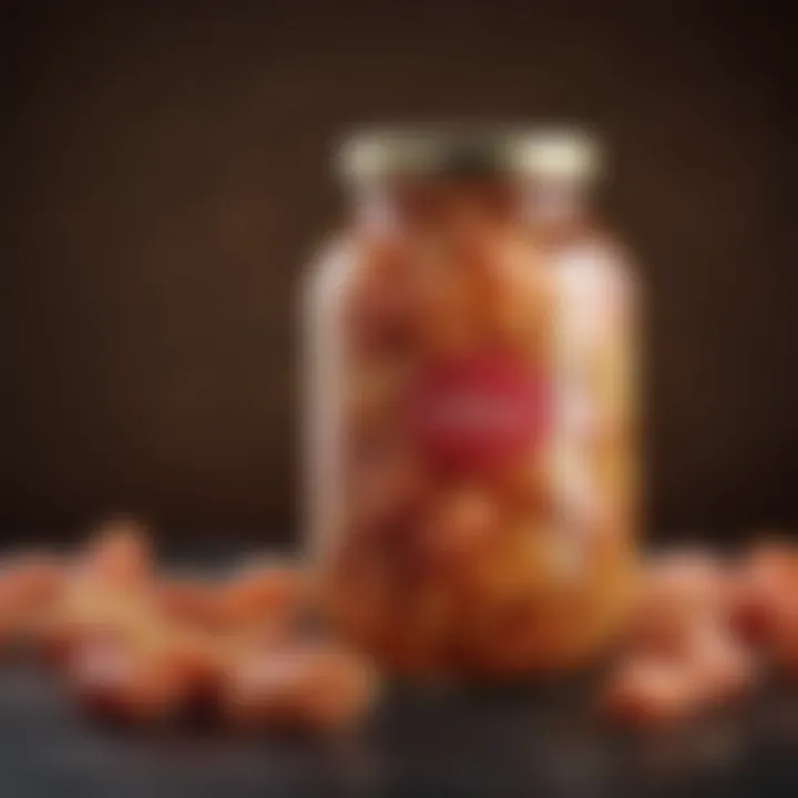 A jar of vibrant pickled sweet ginger showcasing its rich color and texture.