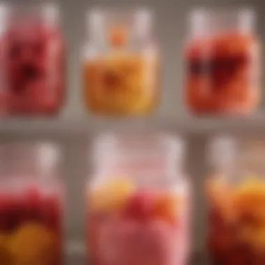 Close-up of pink ball jars filled with preserved fruits