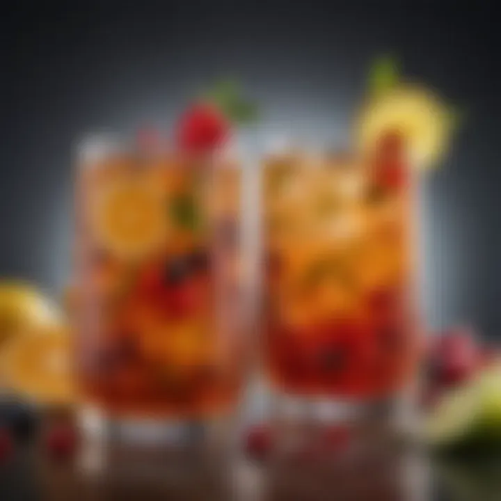 Colorful iced tea drinks garnished with fruits