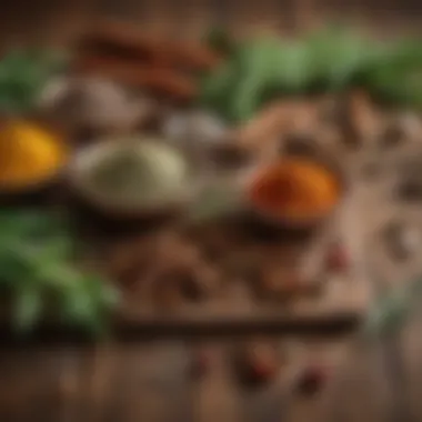 A close-up of herbs and spices laid out on a wooden table