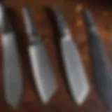A close-up view of high-quality chef's knife blades showing different materials and finishes