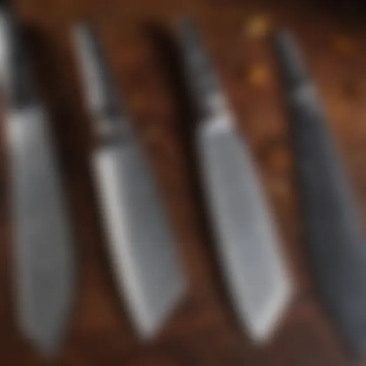 A close-up view of high-quality chef's knife blades showing different materials and finishes