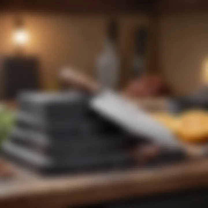 A well-maintained chef's knife resting beside a sharpening stone and maintenance tools