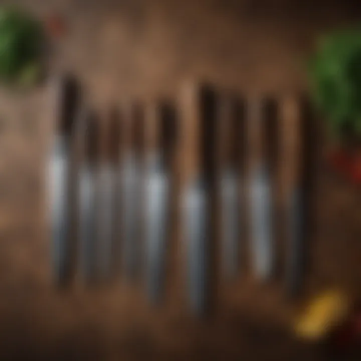 An array of various chef's knives organized by type, showcasing their unique shapes and functions