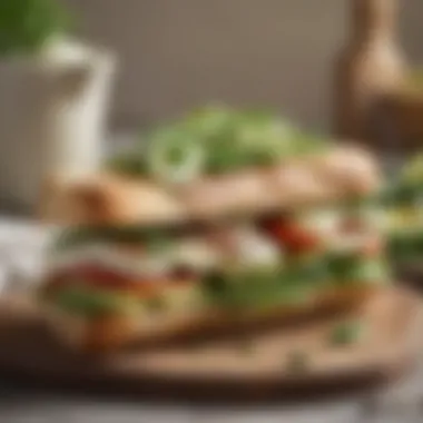 A gourmet sandwich layered with melted mozzarella, avocado, and fresh herbs.
