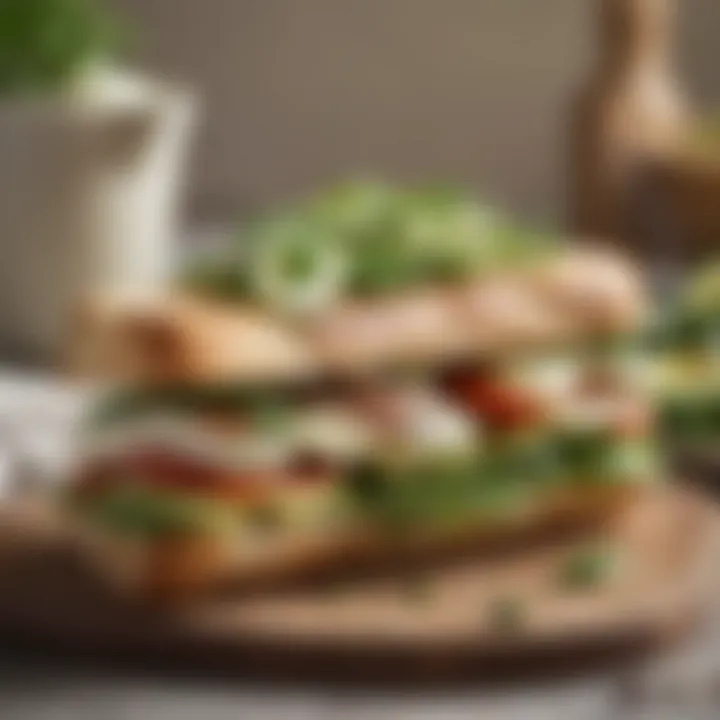 A gourmet sandwich layered with melted mozzarella, avocado, and fresh herbs.