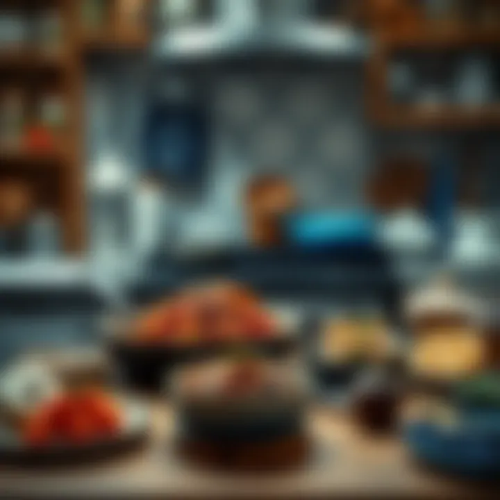 An inviting kitchen setup with modern tools and traditional Russian recipes displayed prominently.