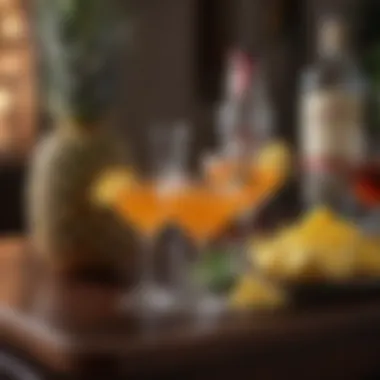 Artistic Cocktail Table Display A beautifully arranged cocktail table featuring various rum drinks with pineapple juice in artistic glassware