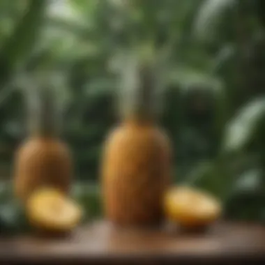 A tropical setting featuring rum bottles and pineapple slices surrounded by lush greenery