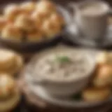 A rustic bowl of creamy sausage gravy atop freshly baked biscuits