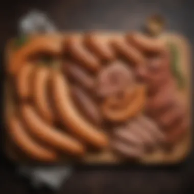 Selection of Sausages for Gravy A variety of sausage types displayed on a wooden cutting board