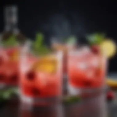 An array of colorful gin cocktails adorned with vibrant fruits and herbs.