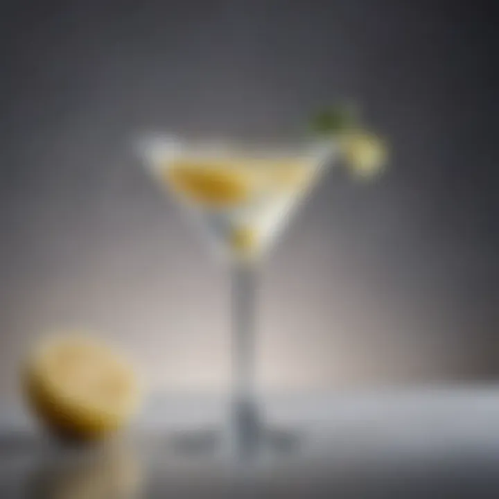 A close-up of a sophisticated martini featuring a twist of lemon and an olive.