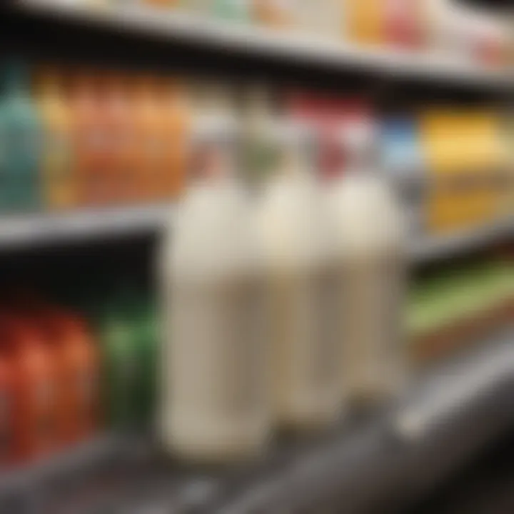 Colorful array of kefir milk products displayed on a grocery store shelf.