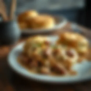 A hearty breakfast plate featuring biscuits and spicy sausage gravy