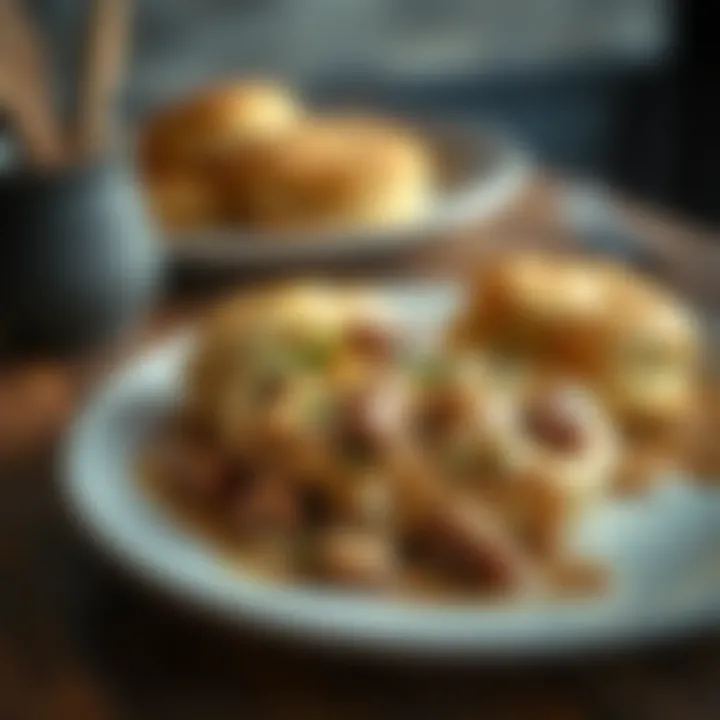 A hearty breakfast plate featuring biscuits and spicy sausage gravy