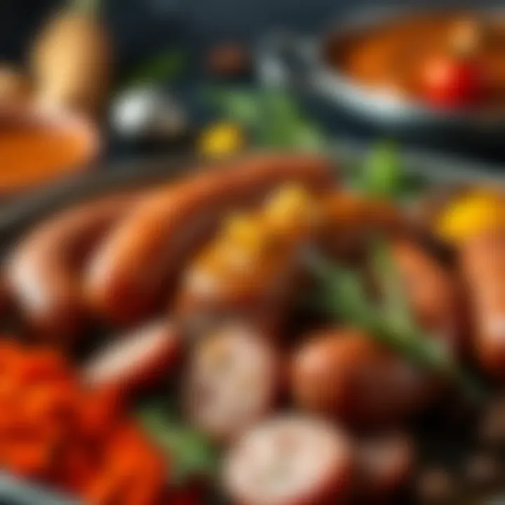 An artistic display of various sausage types and spices