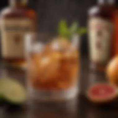 A close-up of a bourbon cocktail with intricate garnishing