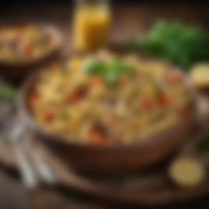 Pasta salad served in a rustic bowl garnished with herbs