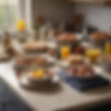 A cozy home kitchen scene featuring a variety of breakfast ingredients ready for preparation