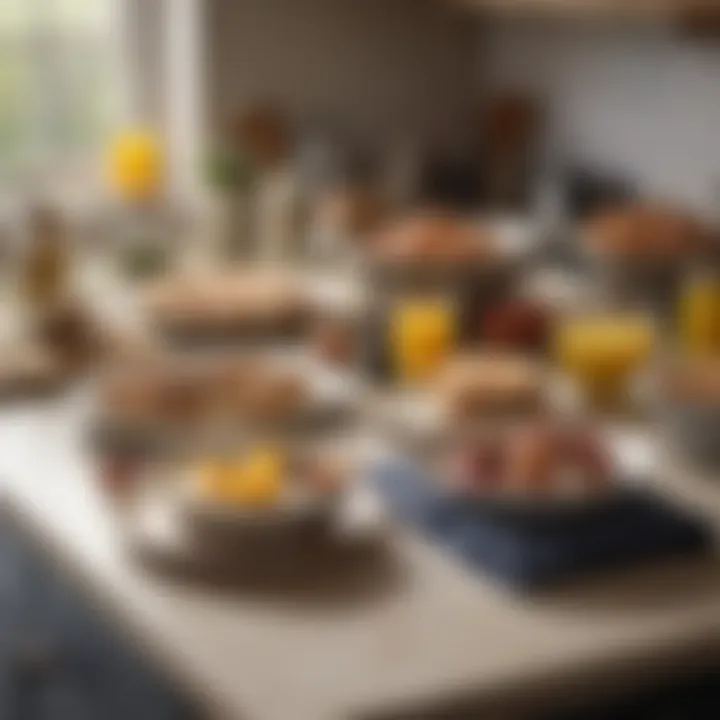 A cozy home kitchen scene featuring a variety of breakfast ingredients ready for preparation