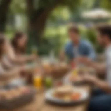 A vibrant picnic scene with friends enjoying food outdoors