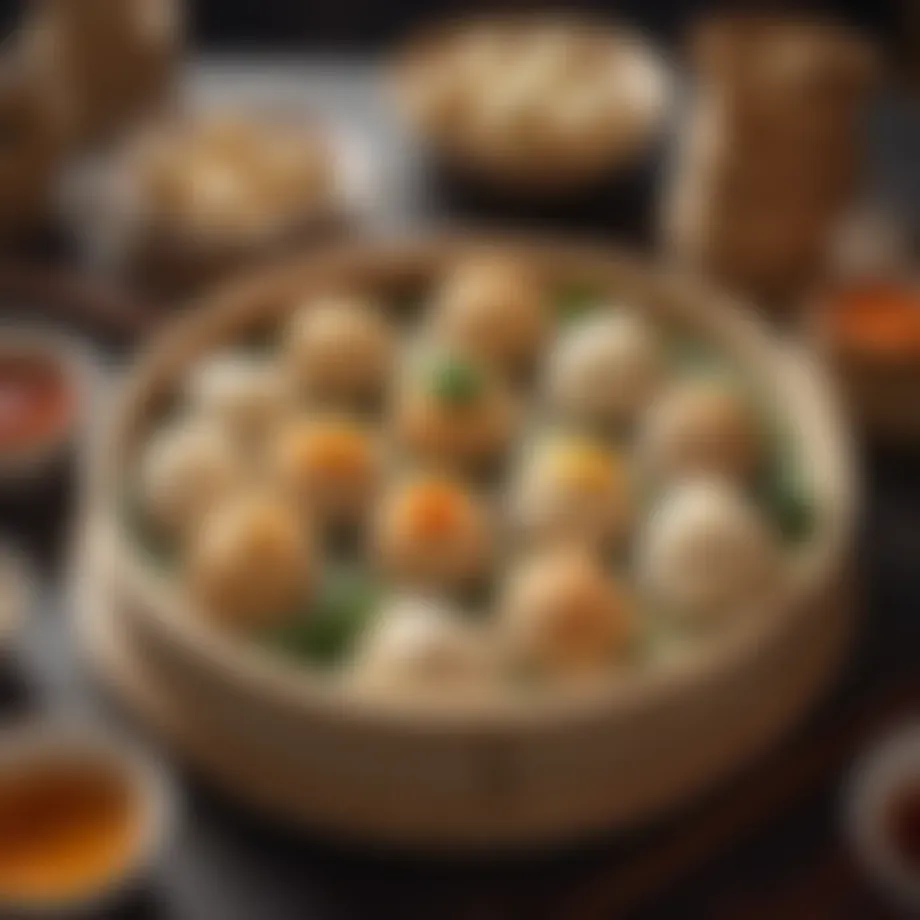An elegantly arranged dim sum platter showcasing various dumplings and buns.