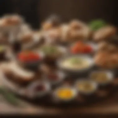 A rustic table set with various oils and bread for dipping