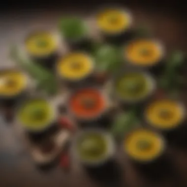 An Array of Flavorful Dipping Oils A vibrant assortment of dipping oils with fresh herbs and spices