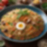 A vibrant plate of traditional fried rice garnished with herbs and vegetables.