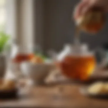 An elegant teapot pouring ginger herbal tea into a delicate cup